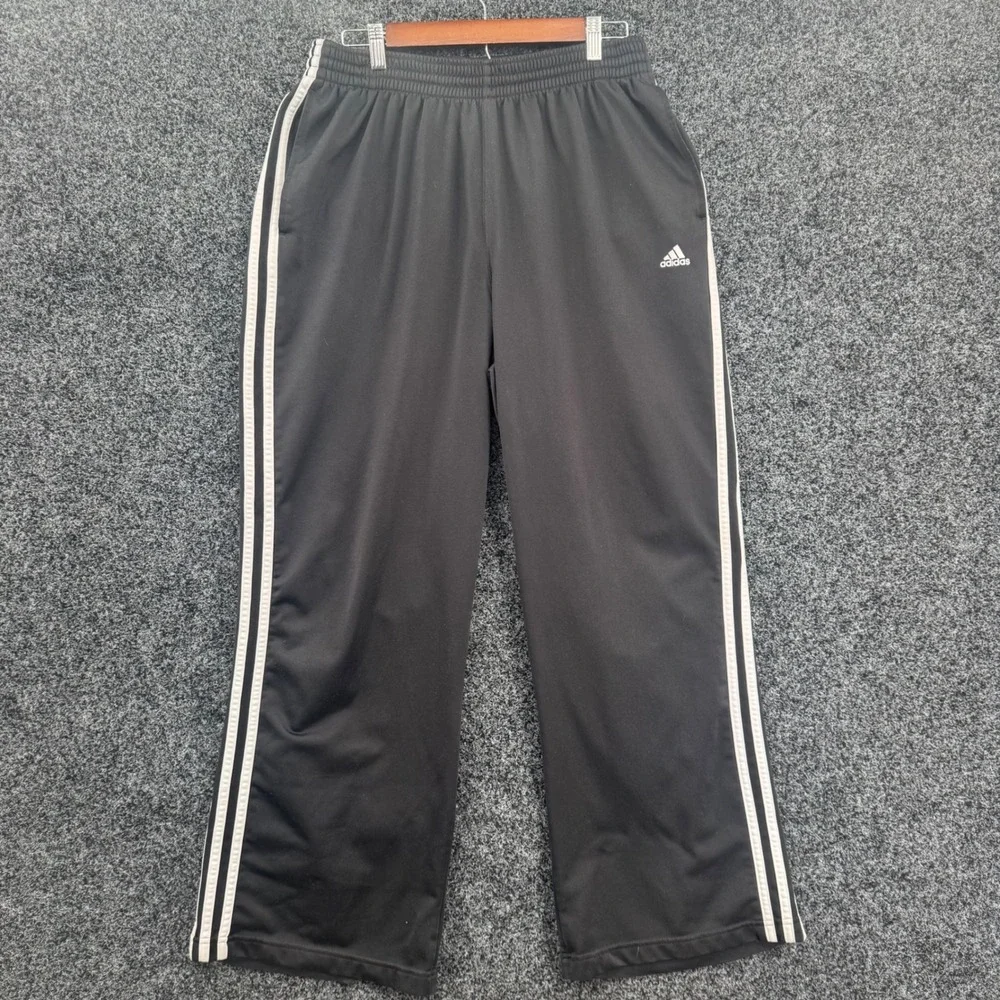 Adidas Mens Black White 3 Stripe Track Pants Large Straight Leg Polyester
